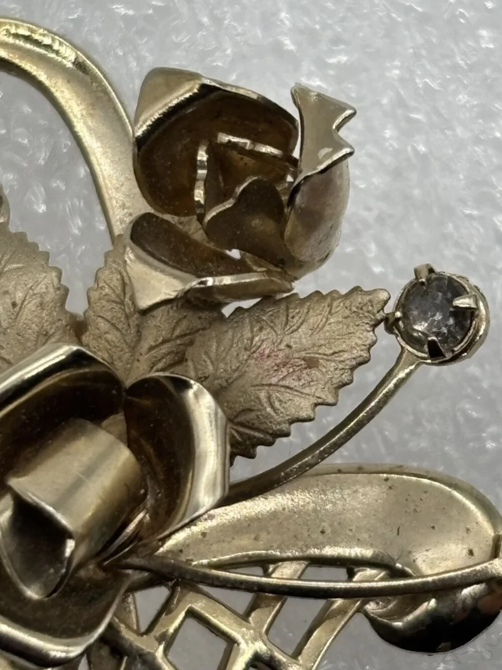 Vintage Basket of Roses Brooch Pin Polished Etched Gold Tone Rhinestone Unsigned